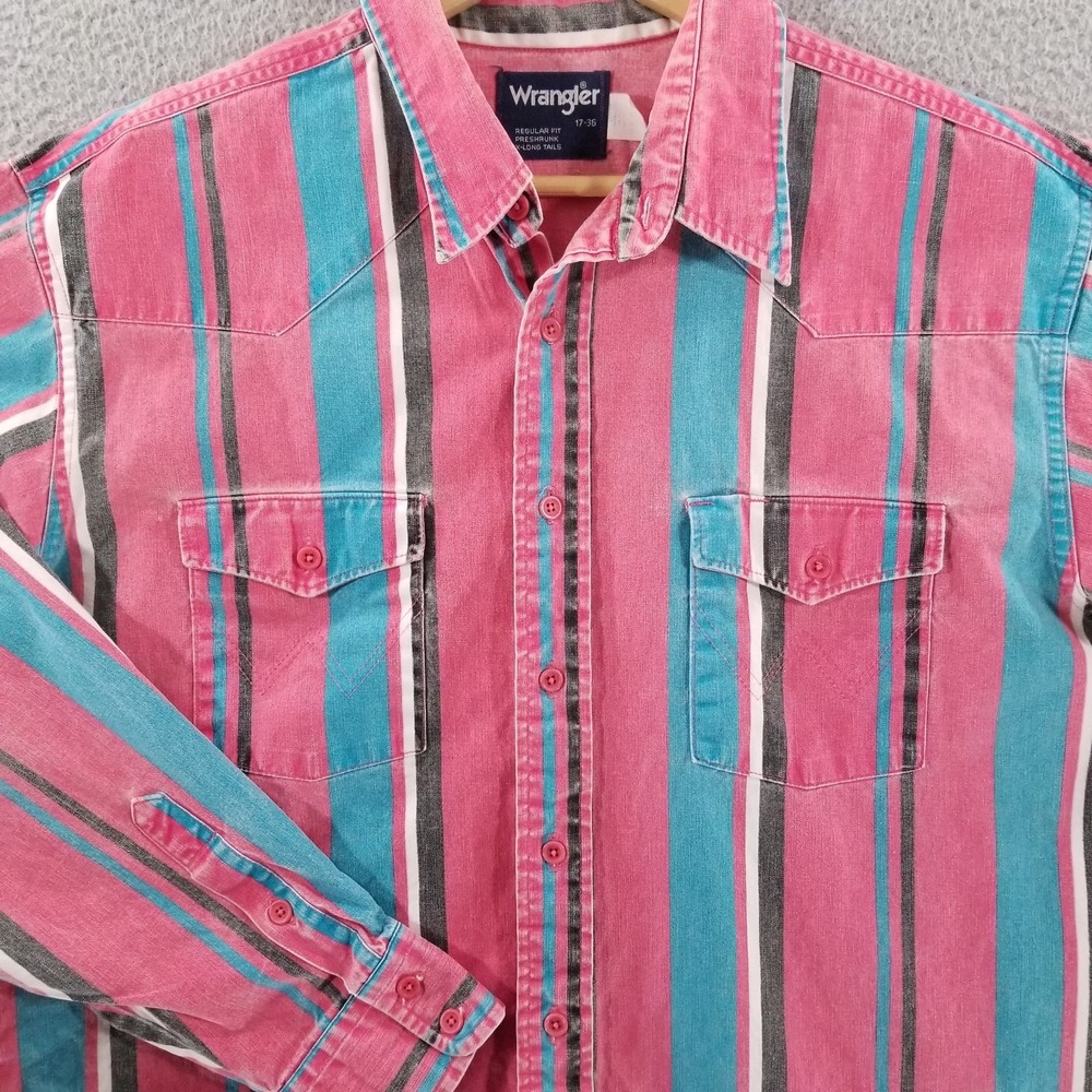 Vtg Wrangler Brushpopper Shirt Mens XL 17 35 Pink Blue Stripe Western Rodeo 90s